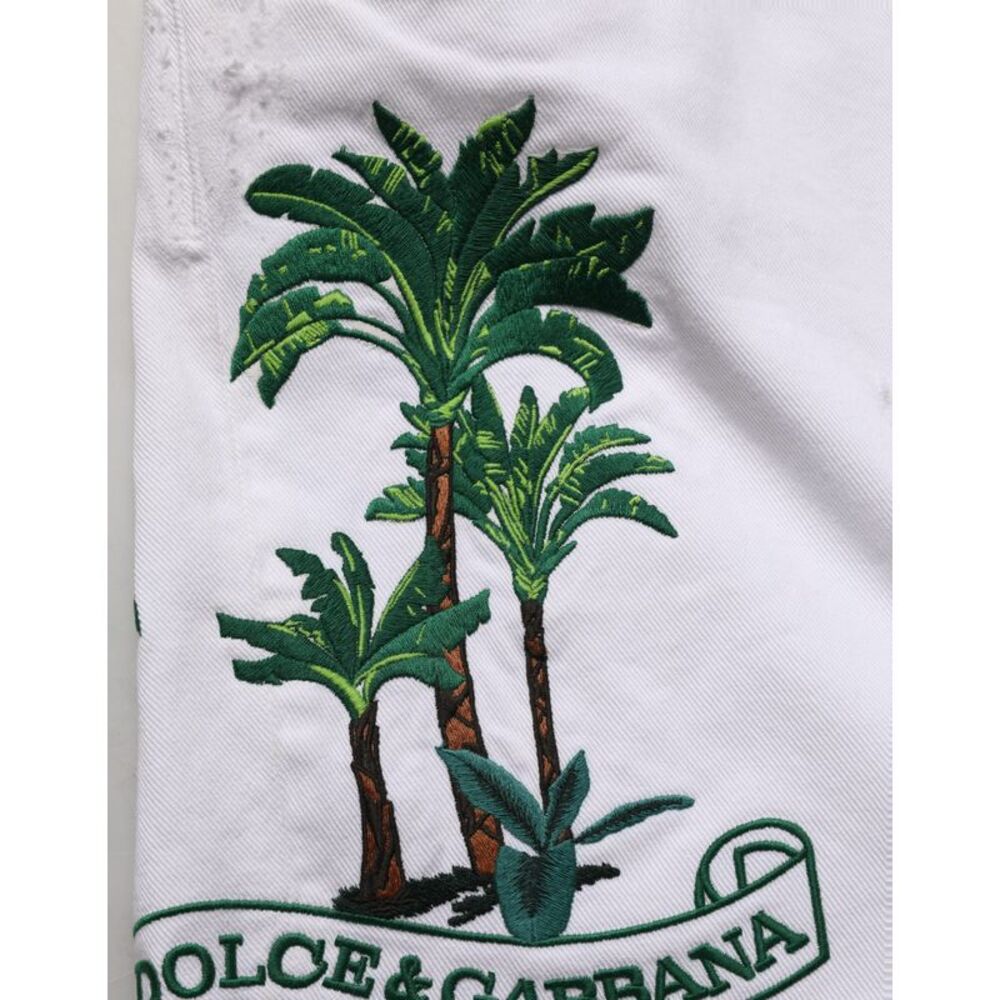 Dolce & Gabbana White Palm Embroidery Denim Bermuda Men's Shorts